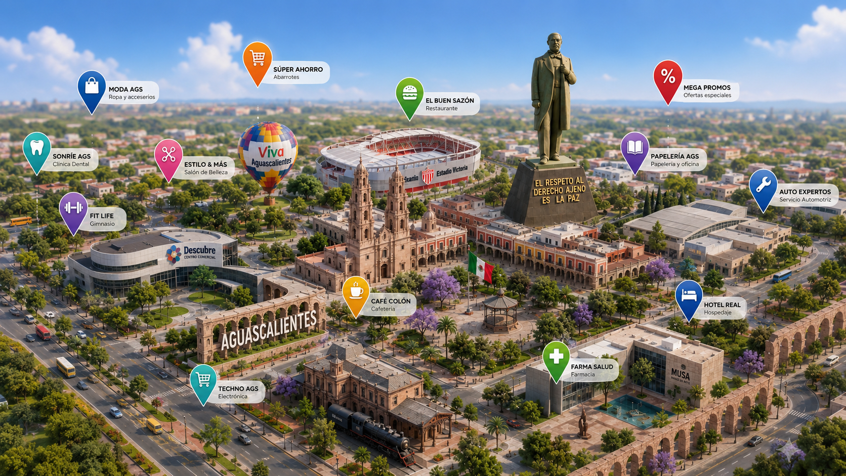 Ilustración de Aguascalientes con ubicaciones de negocios, productos y servicios